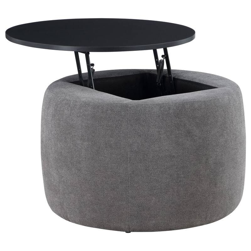 Soi 30 Inch Storage Ottoman table, Black Round Top Lift, Gray Chenille