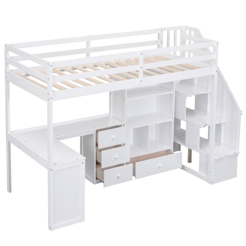 Twin/Full Loft Bed with L-Shaped Desk and Storage Staircase, Multi-Functional Solid Wood Loft Bed Frame with Drawers & Bookcase