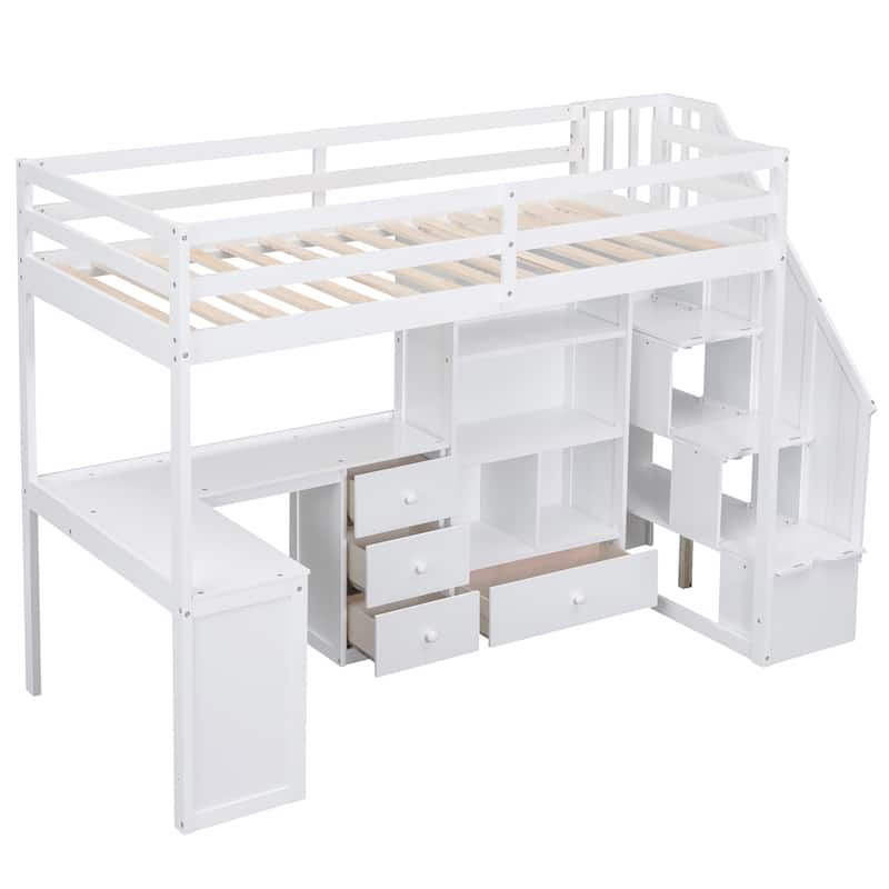 Twin Size Loft Bed with L-Shaped Desk, 3 Drawers, Cabinet & Storage Staircase, Full-Length Guardrail for Top Bunk