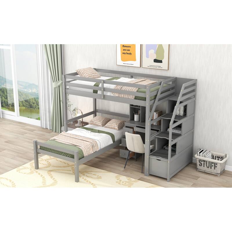 Space-Saving Twin Loft Bed with Stand-Alone Bed, Storage Stairs, Desk and Shelves, Gray