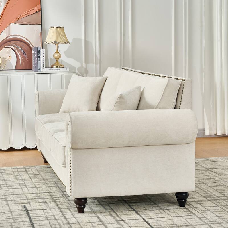 Chenille Upholstered 3 Seater Sofa, Oversized Sofa with Rolled Arms, Deep Seat Couch with Nailhead Trim & Wood Legs
