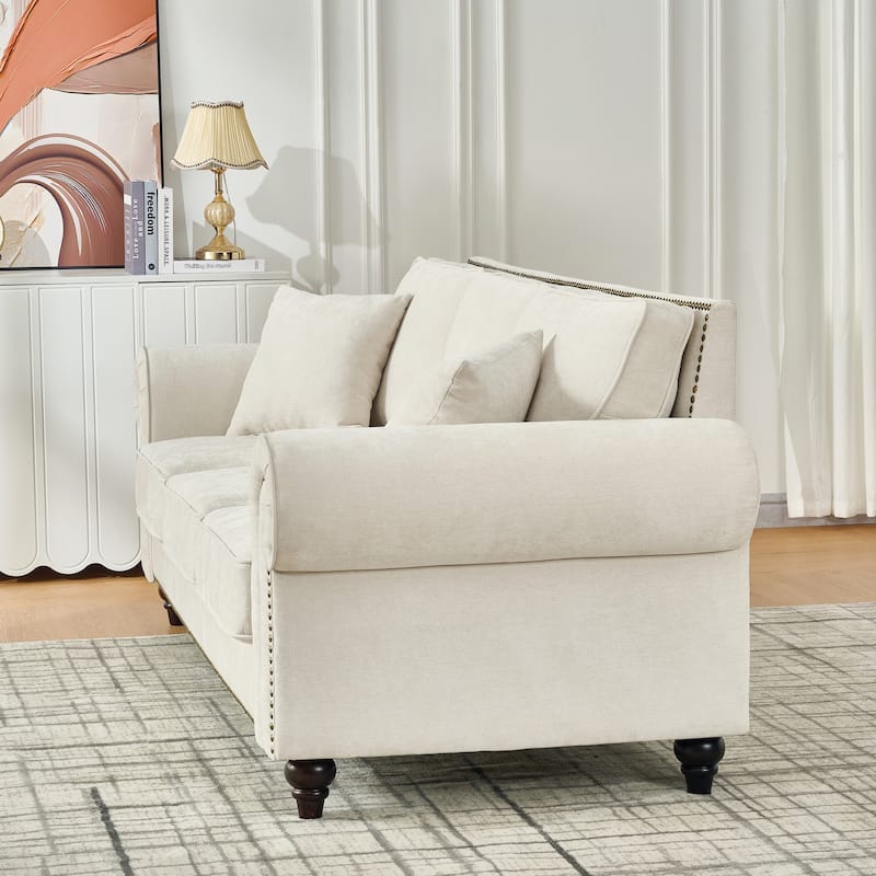 Loveseat with Rolled Armrest, Chenille Upholstered Fabric Sofa, 2-Seater Couch with Solid Wood Legs & Nailhead Trim