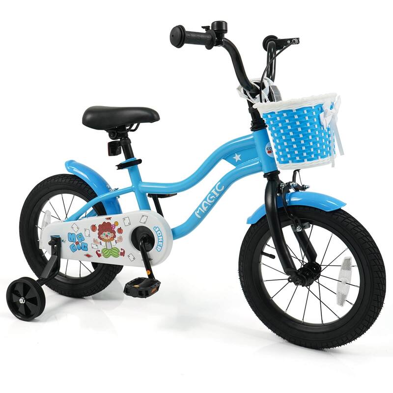 Costway 12”/14”/16”/18” Kids Bike with Training Wheels, Basket, Hand & - See Details - 14” Navy
