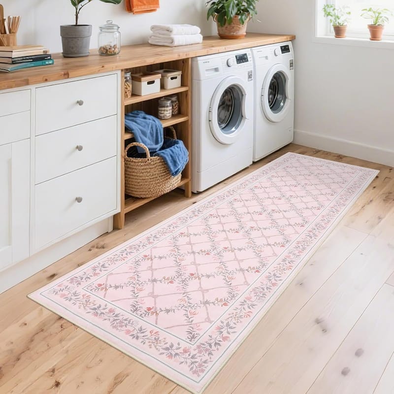 Floral Neutral Washable Hallway Low Pile Area Rug for Bedroom, Living Room, Pink Orange - 2' x 3'