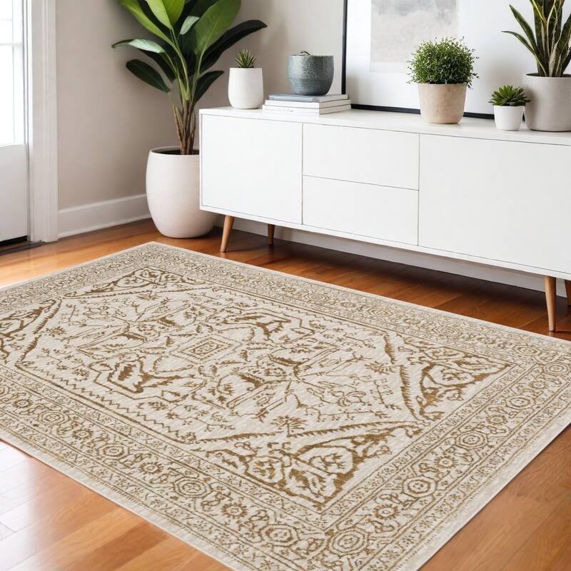 HomeRootsOriental Traditional Rectangle Area Rug - 64.96' X '45.67' X '0.39 - Gold/Ivory