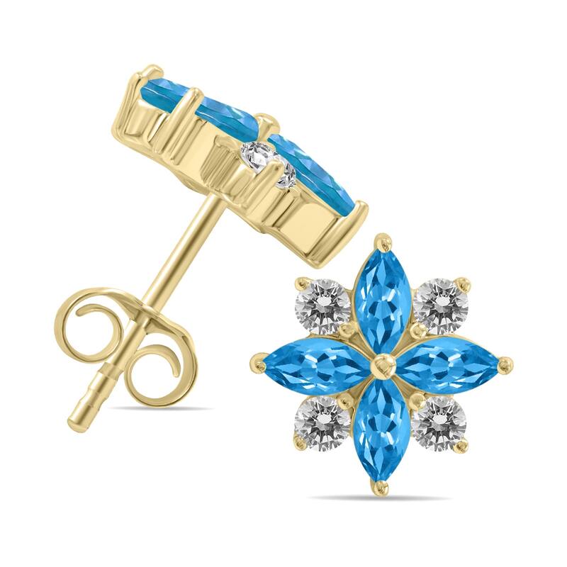 Marquee 1 Carat TW Blue Topaz and Diamond Flower Earrings in 10K Yellow Gold