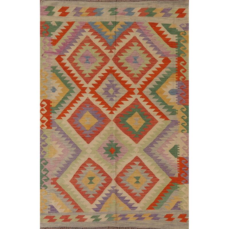 Hand Woven Oriental 100% Wool Carpet Southwestern Geometric Multi-Colored Kilim Area Rug - 6' 8'' X 4' 11''