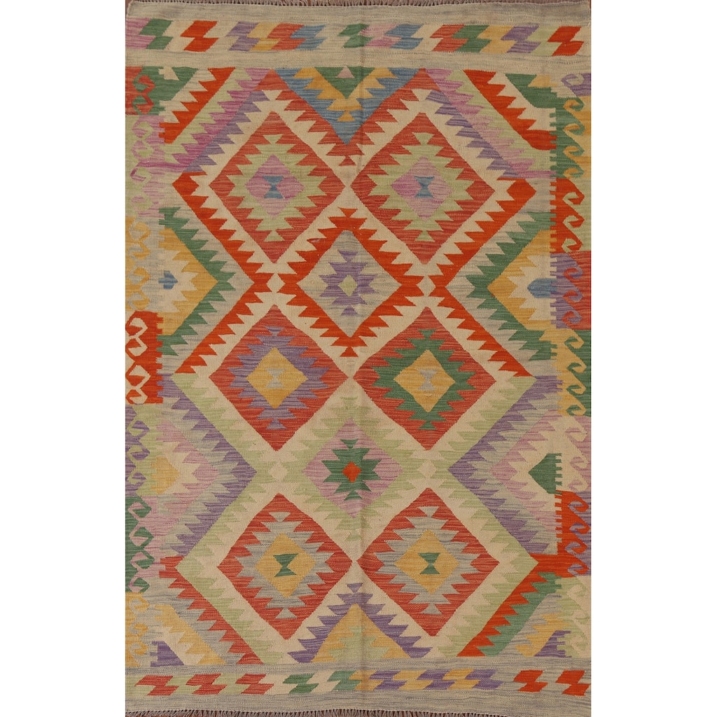 Hand Woven Oriental 100% Wool Carpet Southwestern Geometric Multi-Colored Kilim Area Rug - 6' 8'' X 4' 11''