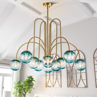 10-Light Modern Glam Sputnik Gradient Blue Glass Globe Bubble Chandelier for Living/Dining Room - 38.5 in. W x 22.8 in. H
