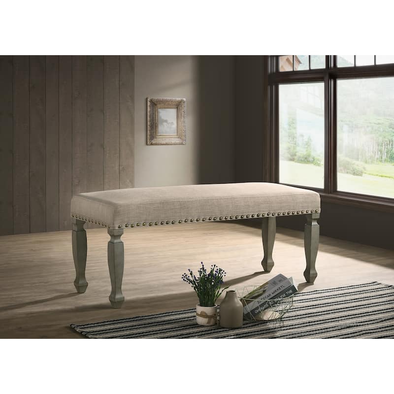 Antique Gray Finish Upholstered Nailhead Bench - Tan