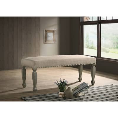 Antique Gray Finish Upholstered Nailhead Bench