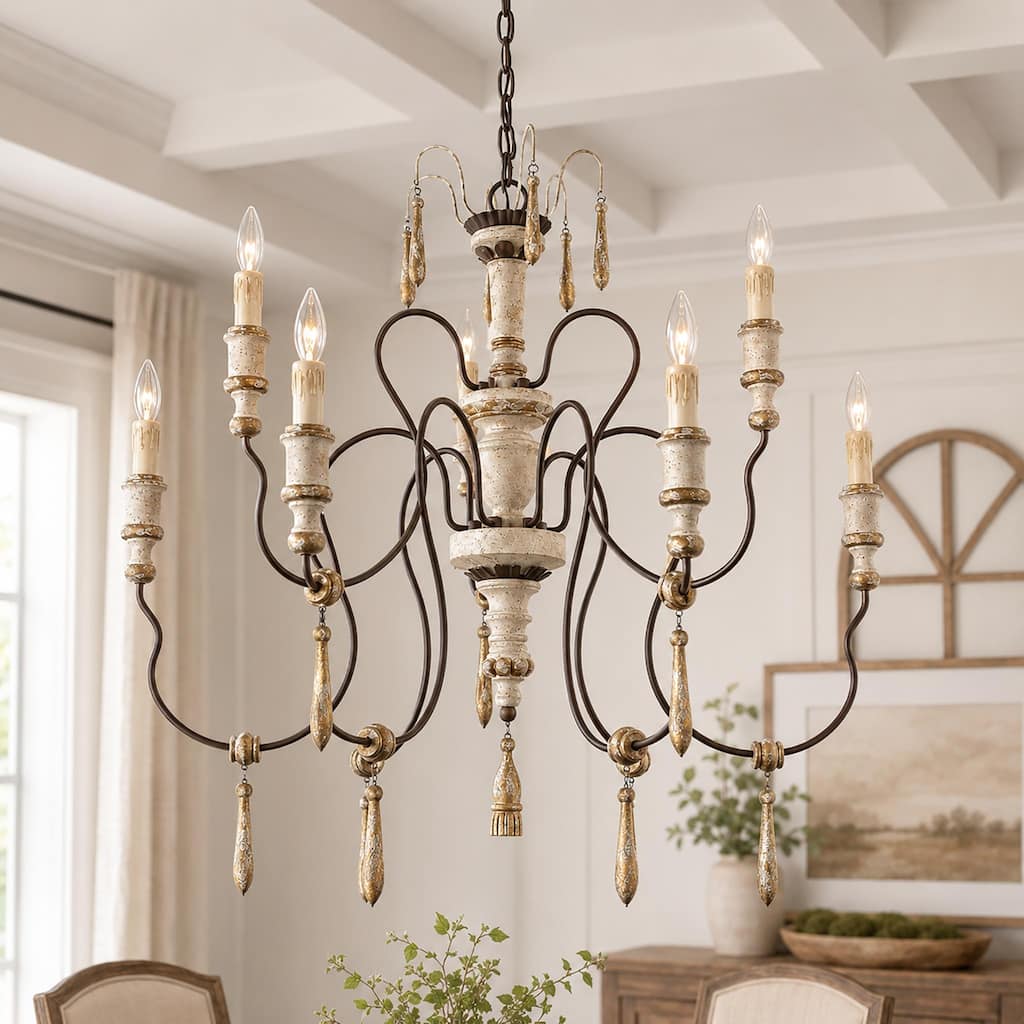 LALUZ Farmhouse Wood 5/6/9-Light Chandelier French Country Classic Candle Light for Dining Living Room