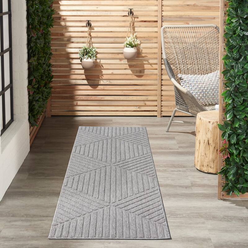 Nourison Palamos Textured Geometric Stripes Indoor/ Outdoor Area Rug - 2'2" x 10' Runner - Light Grey