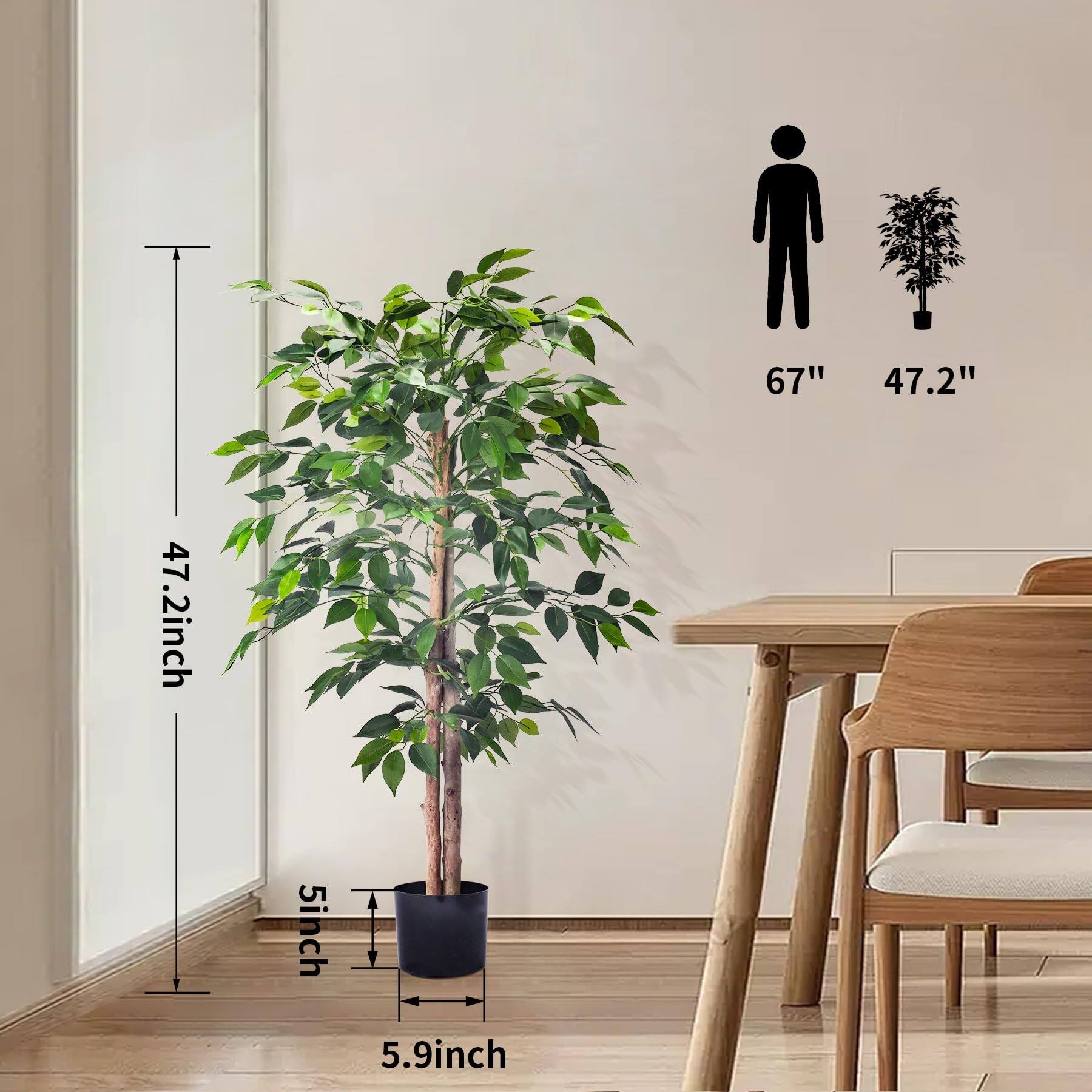2Packs 4FT Artificial Ficus Trees with Realistic Leaves and Natural