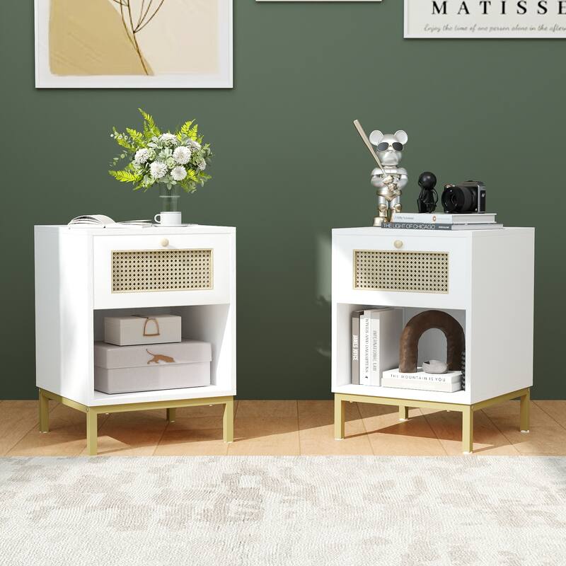 Rattan End Table/ Nightstand with Drawer, Farmhouse Boho Bed Side Table