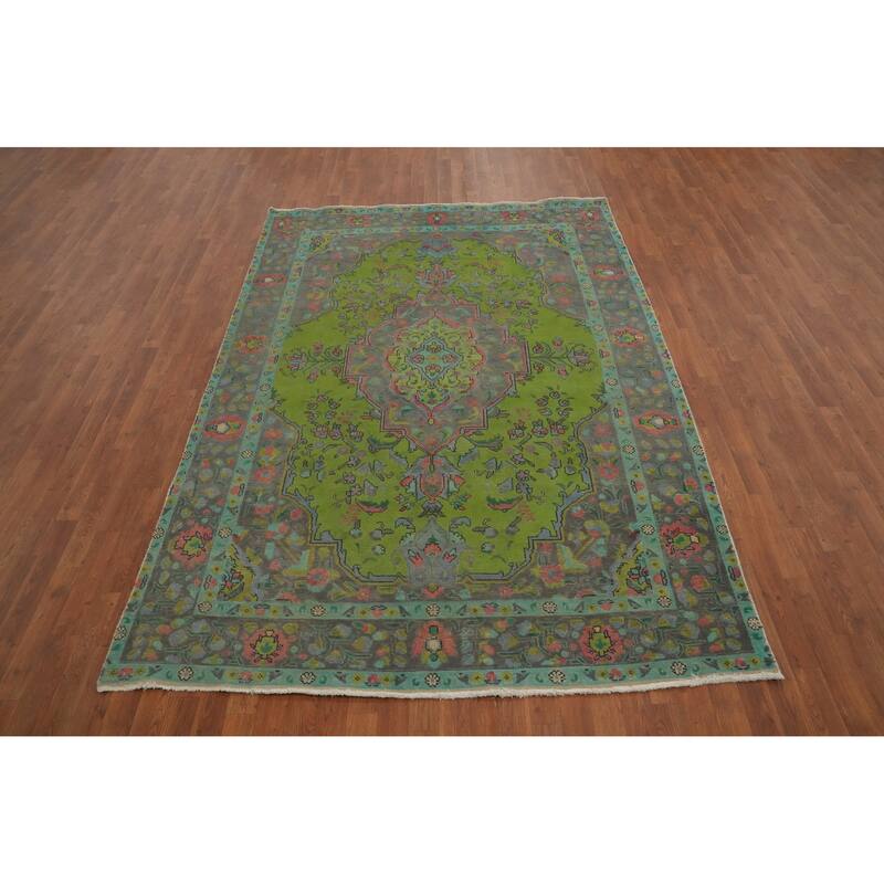 Hand Knotted Oriental 100% Wool Carpet Traditional Floral Green Tabriz Area Rug - 9' 8'' X 6' 5''