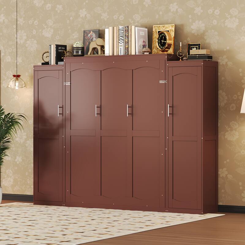 Full Size Murphy Bed with Two Wardrobes and Multifunctional Foldable Platform Bedframe