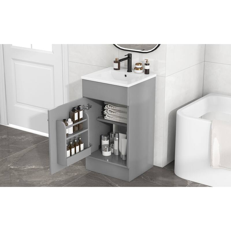 Bathroom Vanity with Ceramic Sink, Small Bathroom Sink Cabinet with Storage Rack, Bathroom Cabinet with Adjustable Shelf