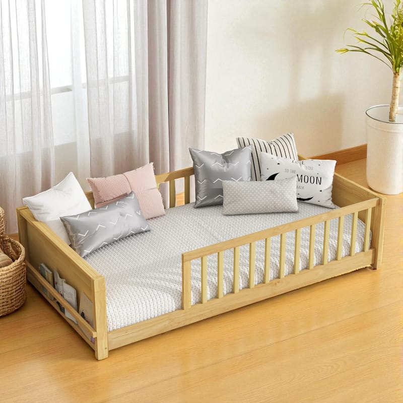 Twin Size Floor Platform Bed with Fence Rail and Built-in Book Rack, Wood Slat Support