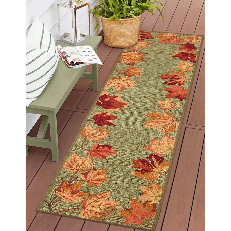 Liora Manne Ravella Falling Leaves Border Indoor/Outdoor Rug - 2' x 8' - Moss