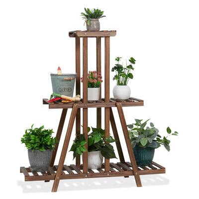 Brown Wooden Plant Flower Display Stand 3 Tiers - 35.2" x 9.8" x 38.5"