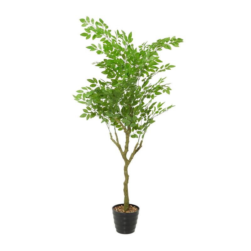 Green Faux Foliage Indoor Outdoor Weeping Fig Artificial Tree with Realistic Leaves and Black