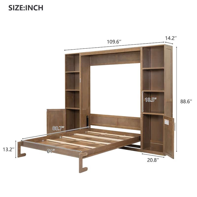 Multi-Functional Queen Size Wooden Murphy Bed with Storage Shelves and Cabinets by Harper&Bright Designs