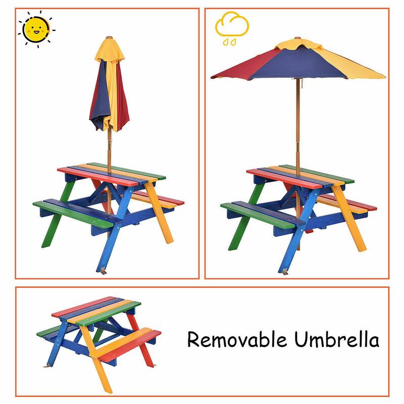 Costway 4 Seat Kids Picnic Table w/Umbrella Garden Yard Folding