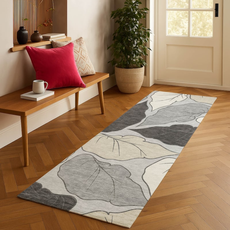 Machine Washable Indoor/ Outdoor Contemporary Floral Chantille Rug