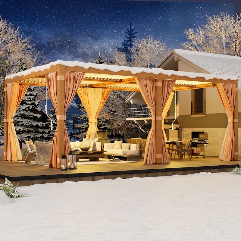 EROMMY Outdoor Louvered Pergola Gazebo with Adjustable Aluminum Rainproof Roof and Pull-Down Screen - 10' x 20' - Wood (Normal curtains)