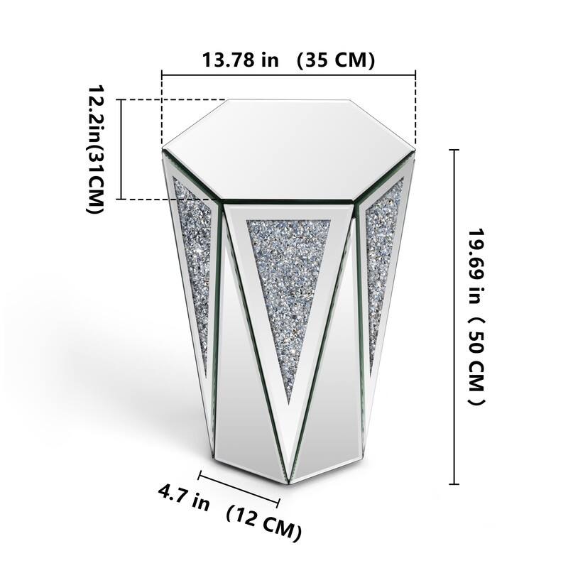Hexagonal Mirror Top End Table with Crystal-Inlaid