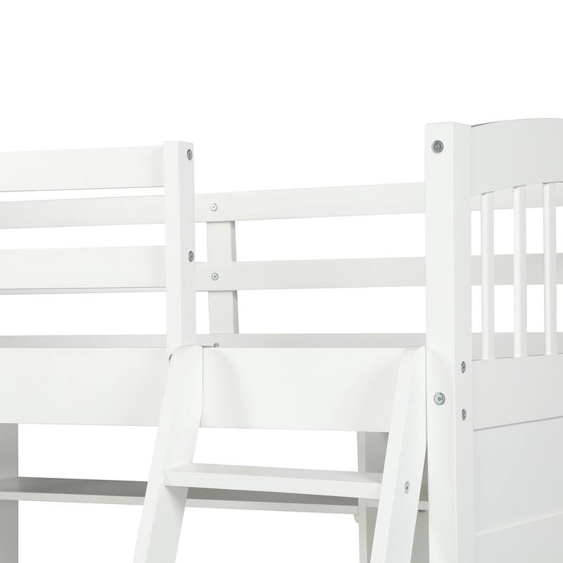 Twin Size Loft Bed with Storage Shelves, Desk and Ladder in White