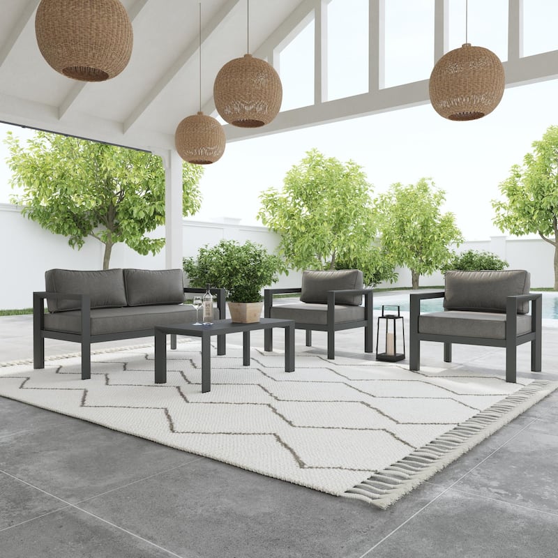 Grayton Gray Aluminum Outdoor Aluminum Loveseat with Lounge Chairs and Coffee Table - 61" x 26" x 29"