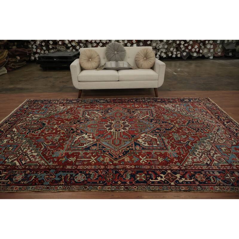Hand Knotted Oriental 100% Wool Carpet Traditional Medallion Red Heriz Area Rug - 10' 8'' X 7' 7''