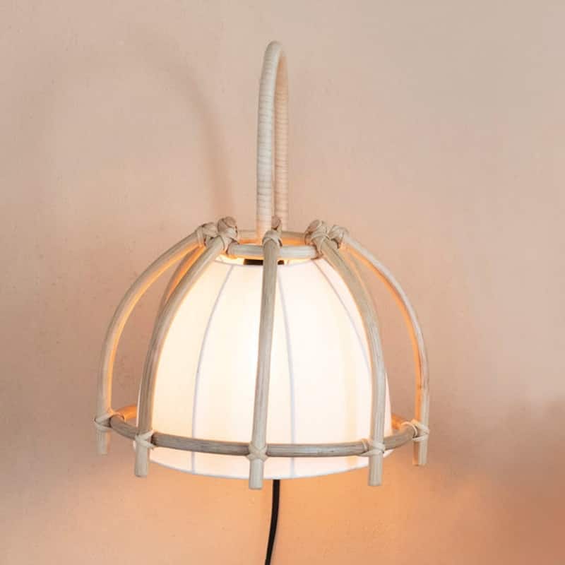 6-Rattan Wall Sconce with Cotton Shade and Inline Switch