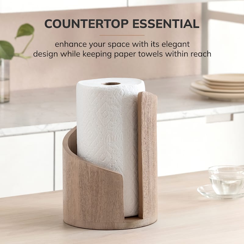 Jani Paper Towel Holder Countertop with Mango Wood Round Base and Iron Holder