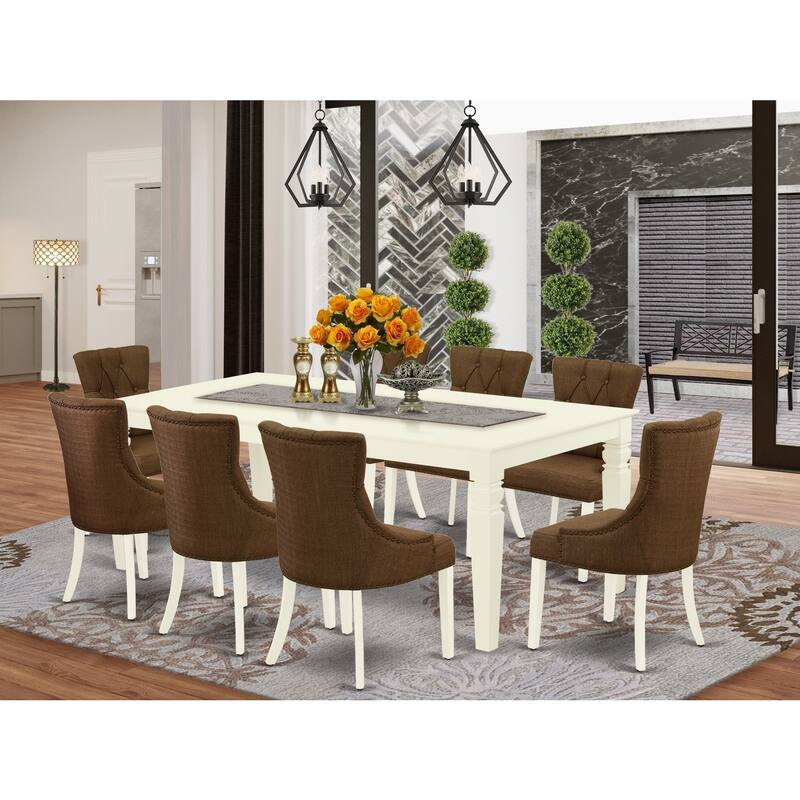 9Pc Dining Set - Rectangle Table & 8 Parson Chairs - Linen White & Dark Coffee Finish - 84