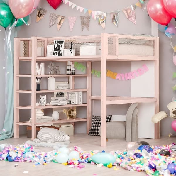 slide 2 of 27, Twin Size Metal Loft Bed with 4-Tier Shelves and Storage for Home Pink
