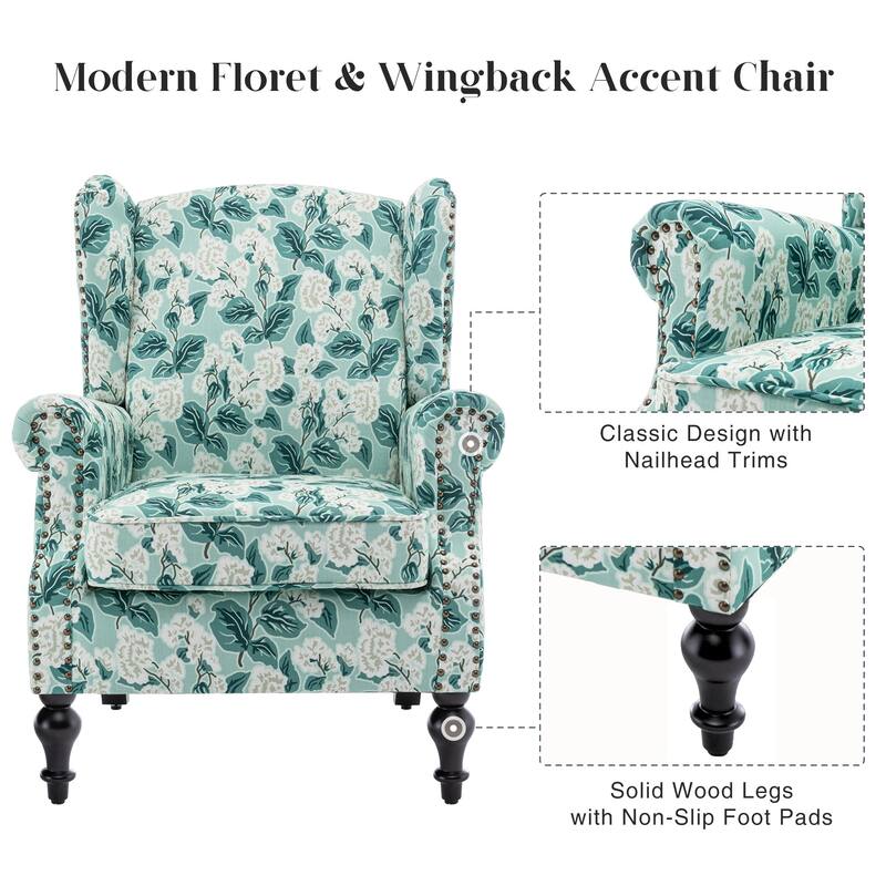 HOMYKA 29'' Wide Floral Pattern Wingback Accent Armchair with Nailhead Trim