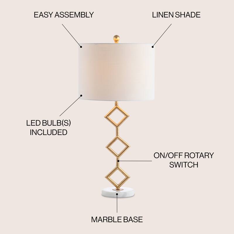Cecile 29.5" Modern Gilt Metal with Marble Base LED Table Lamp, Gold/White by JONATHAN Y