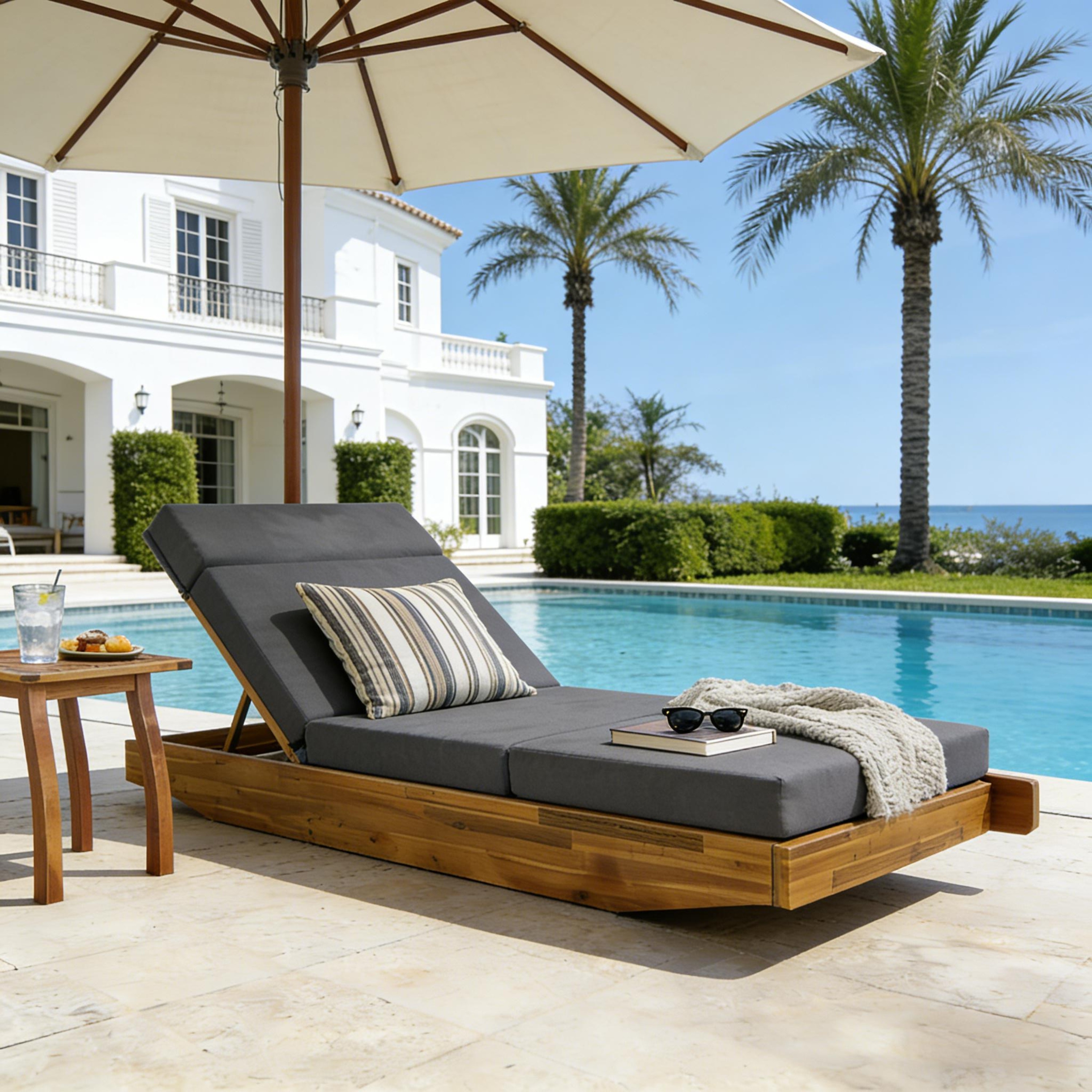 Christopher Knight Home - Outdoor Acacia Wood Chaise Lounge, Water-Repellent Cushion, Ergonomic Adjustable Headrest - 79.6"L