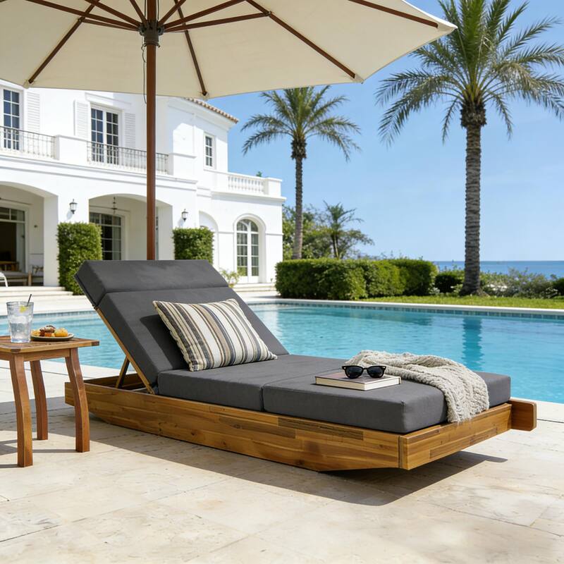 Christopher Knight Home - Outdoor Acacia Wood Chaise Lounge, Water-Repellent Cushion, Ergonomic Adjustable Headrest - 79.6"L - Teak Finish+Dark Gray Cushion