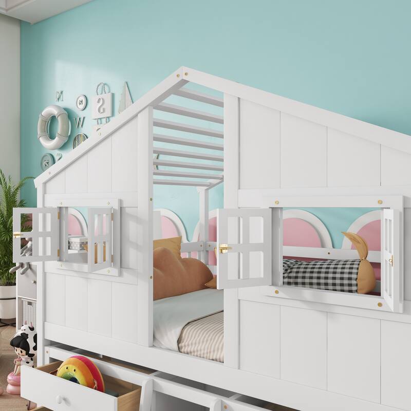 Full Size House-shaped Loft Bed with House Roof Frame Skylight Windows 4 Storage Drawers Guardrails and Stairs for Kids' Room