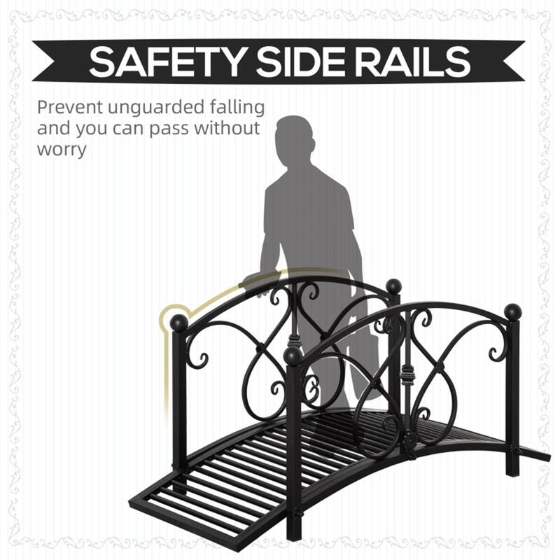 Vintage Style Decorative Steel Garden Bridge with Floral Motifs and Safety Side Rails for Outdoor Pond Stream