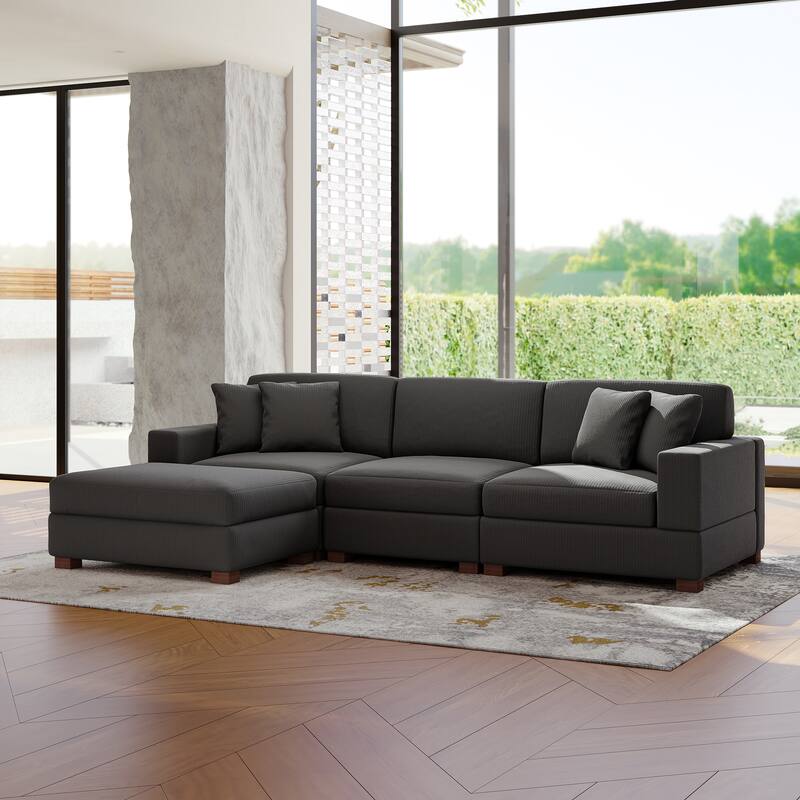 Modular Corduroy Sectional Sofa Set Chaise Couch with Ottoman - Grey-4 Piece
