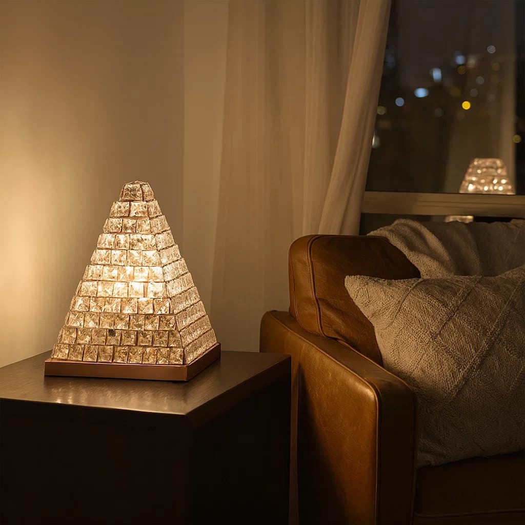 14 Inch Table Lamp, Crystal Pyramid Shaped Frame, Stone Studded, Silver