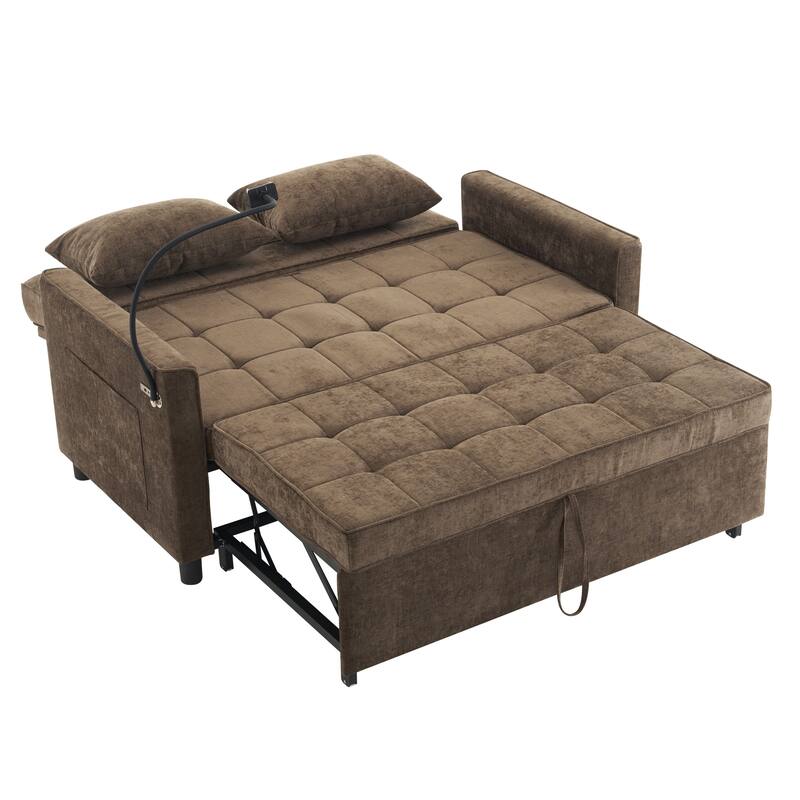 Roomfitters Loveseat Pull-Out Sofa Bed with Reversible Backrest Cushion, Side Pockets, USB Ports, and Phone Holder
