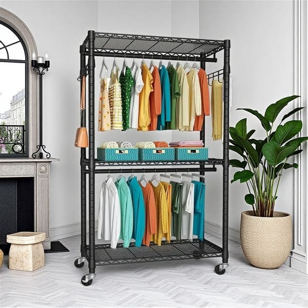 slide 2 of 8, Heavy Duty 3-Tier Rolling Garment Rack w/ 2Hanging Rods,Locking Wheels