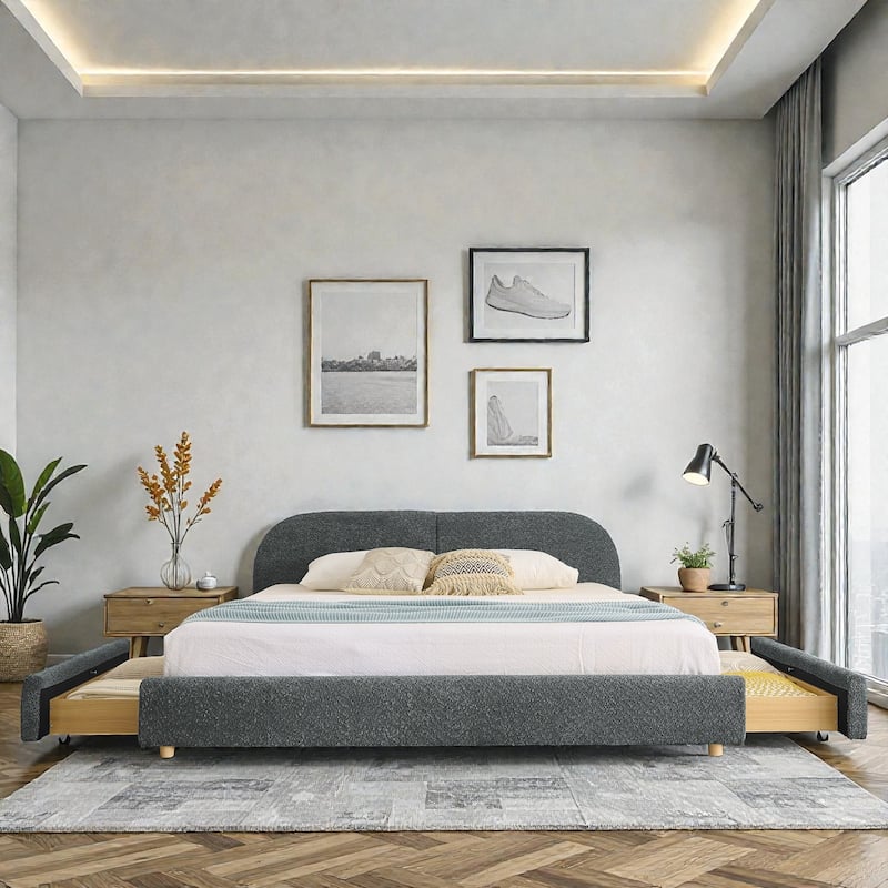 Upholstered Bed Frame with Tall Curved Headboard and Storage Drawers, Modern Minimalist Platform Bed No Box Spring