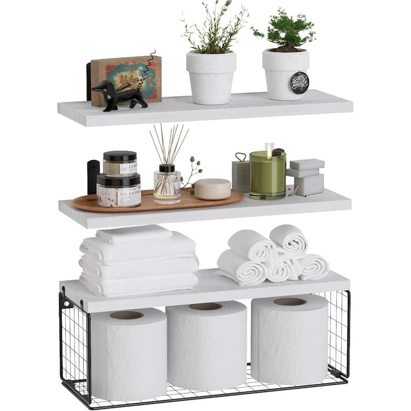 Floating Bathroom Shelf Wall Mounted with Wire Basket